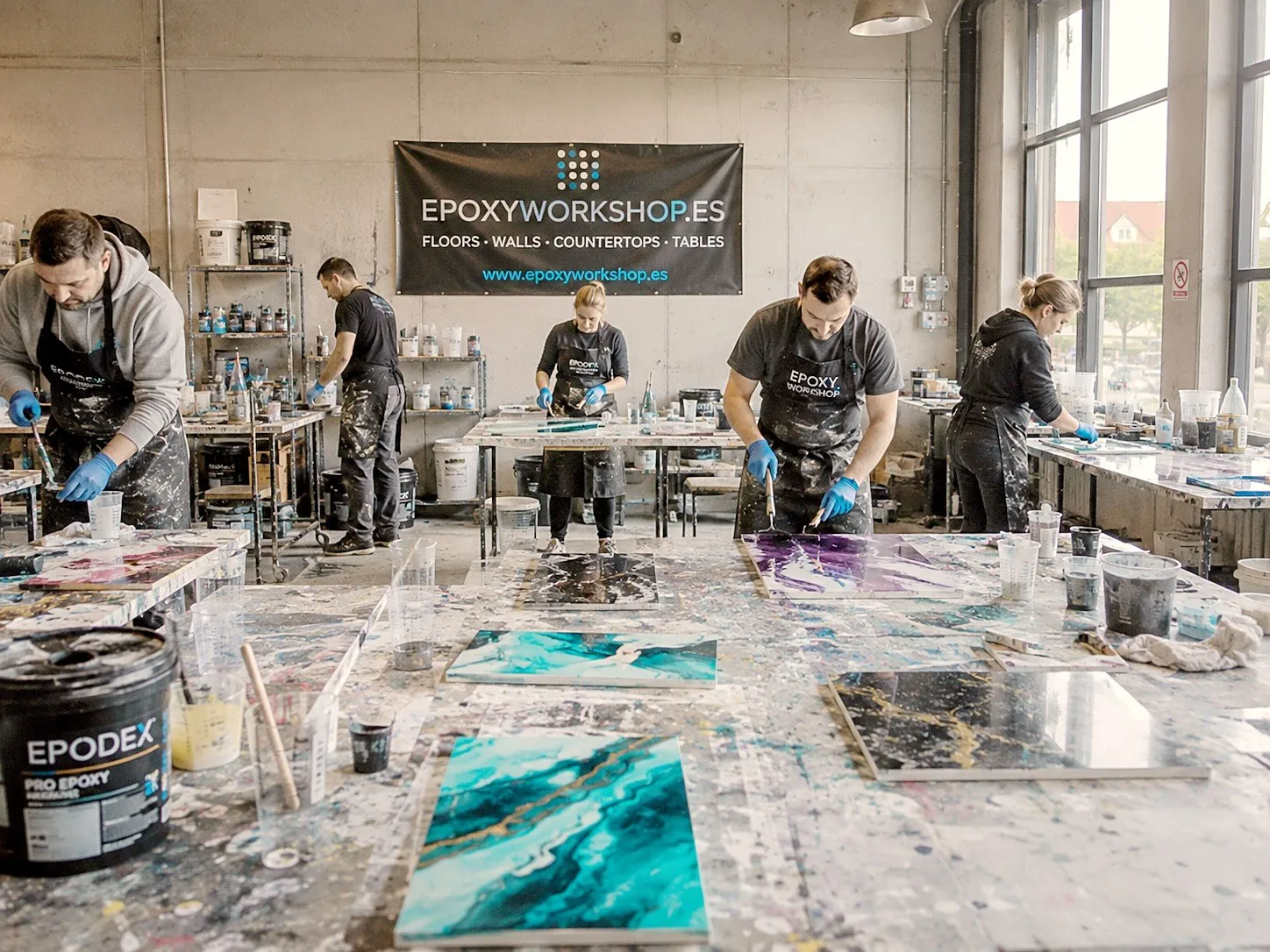 Participants working on epoxy floor panels in the studio