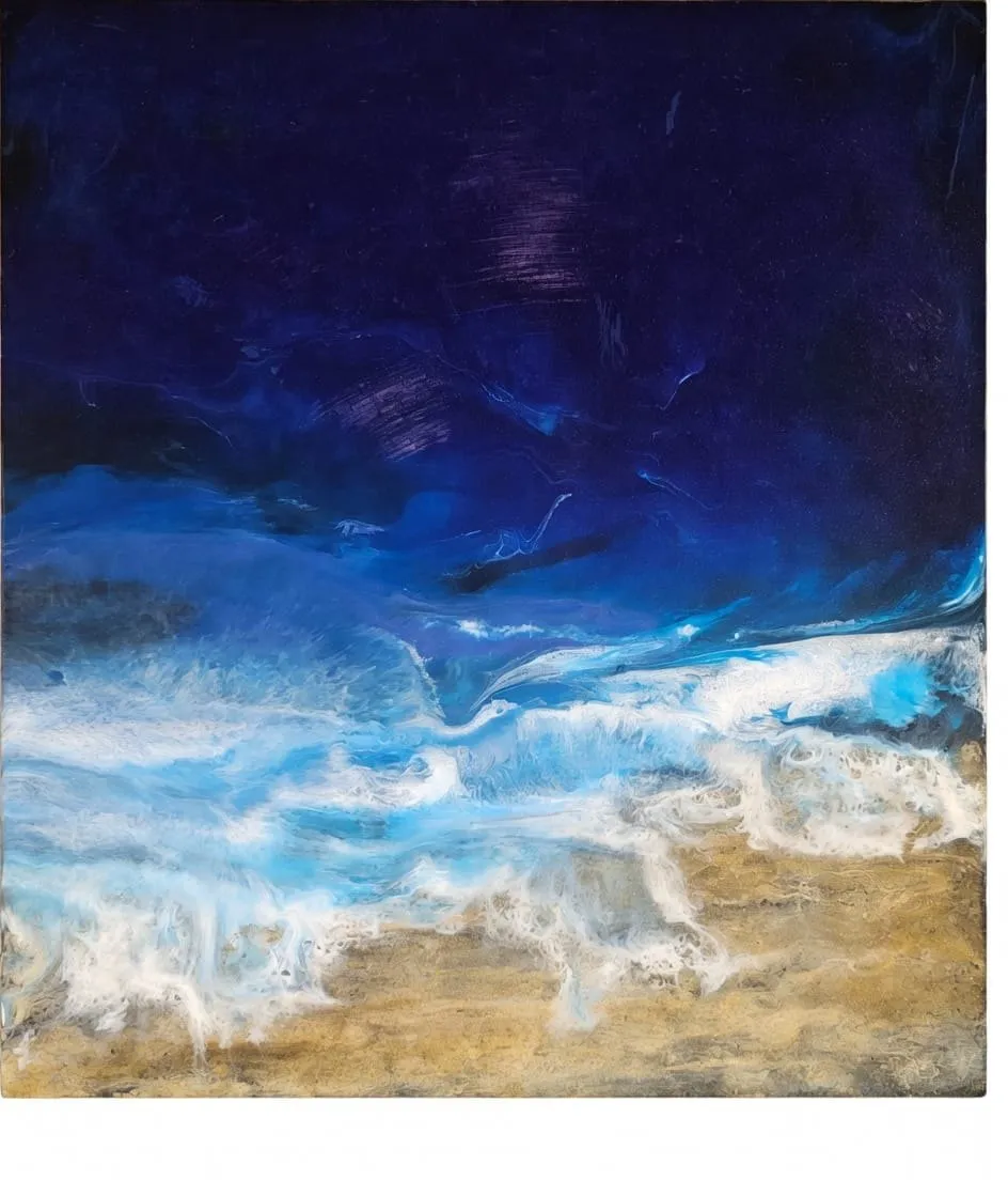Ocean Art epoxy panel in deep blue, white foam and sand tones