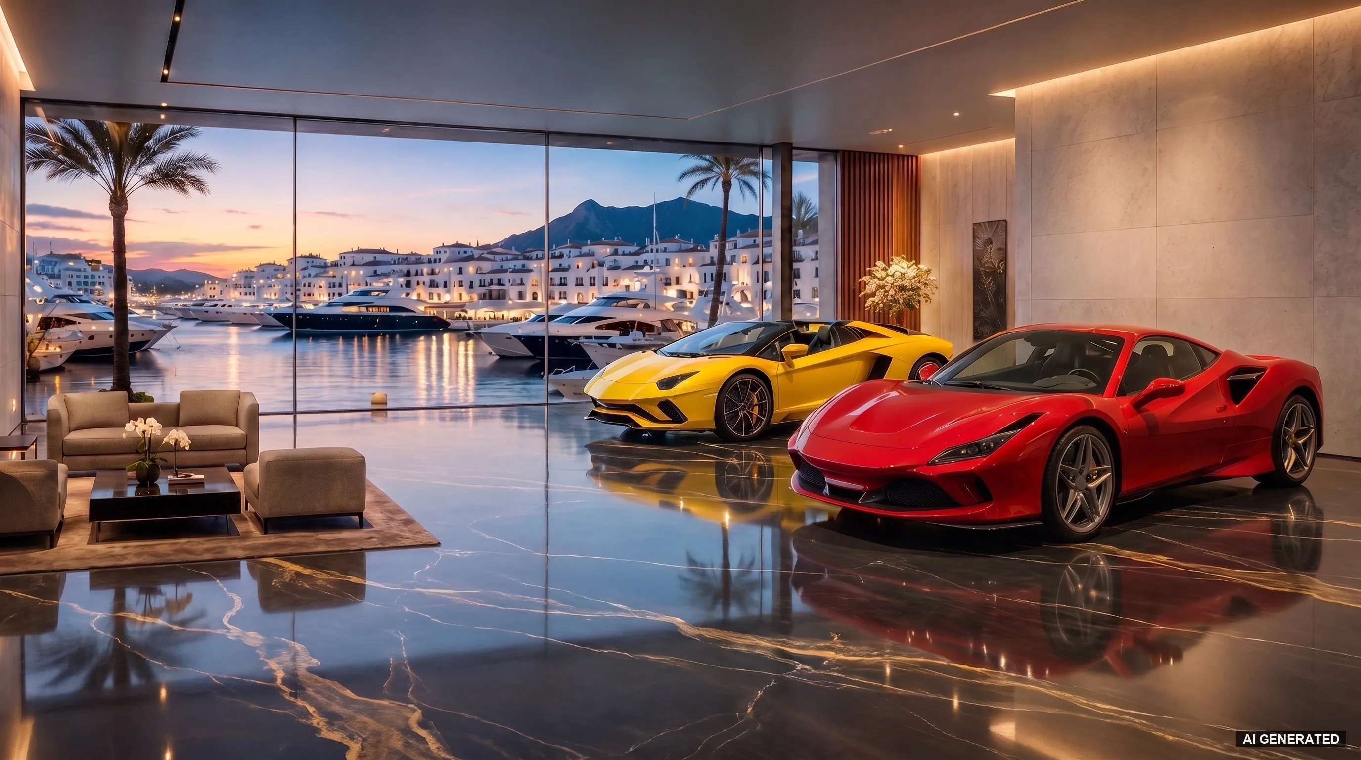 AI visualisation of a luxury car showroom in Puerto Banús at dusk, with two supercars on a seamless high-gloss epoxy floor with a dark marble look and gold veins
